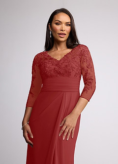 Azazie Joan vestidos de madre de la novia Vestido de Óxido de Gasa de Corte Recto con Cuello en V de encaje image3