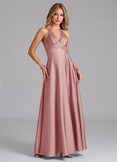 Azazie Tessie Vestidos de damas de honor Vestido de Rosa Polvorienta de Satén Elástico de Corte en A con Plisado image5