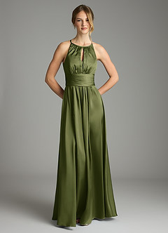 Azazie Bonnie Bridesmaid Dresses Olive A-Line Pleated Stretch Satin Dress image3