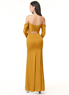 Azazie Hallie Bridesmaid Dresses Butterscotch Sheath Off-The-Shoulder Long Sleeve Stretch Satin Convertible Dress image4