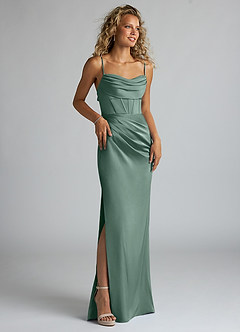 Azazie Mai Bridesmaid Dresses Eucalyptus Sheath Pleated Stretch Satin Dress image3