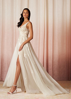 Azazie Joie Diamond White Nude A-Line V-Neck Sequins Tulle Dress | Azazie
