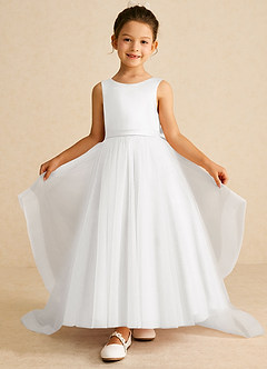 Azazie Pumpkin 플라워 걸 드레스 A라인 절하다 얇실버 명주 그물 발목 길이 드레스 image2