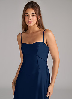 Azazie Valentine Vestidos de damas de honor Vestido de Azul Marino Oscuro de Satén Elástico de Corte en A con Corsé image6