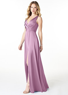 Azazie Nelly Bridesmaid Dresses Wisteria A-Line V-Neck Pleated Stretch Satin Dress image3