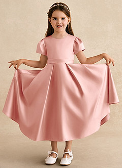 Azazie Princess Flower Girl Dresses Rosette A-Line Pleated Matte Satin Dress image3