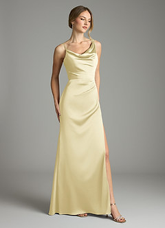 Azazie Samara Bridesmaid Dresses Lemon Sorbet Mermaid Pleated Stretch Satin Dress image4