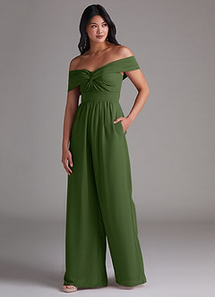 Azazie Lamara Jurken voor bruidsmeisjes Converteerbaar Jumpsuit van Chiffon Off the Shoulder Olijf image4