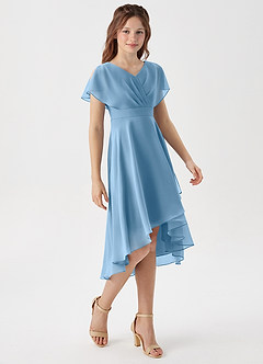 Azazie Graciela Junior Steel Blue A-Line Pleated Chiffon Dress image3