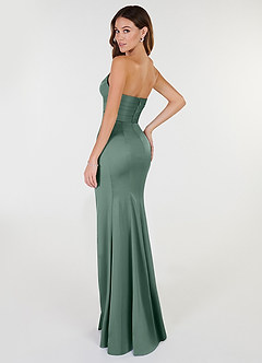 Azazie Yola Vestidos de damas de honor Vestido de Eucalipto de Satén Elástico de Corte Recto Convertible con Cuello en V Plisado image4