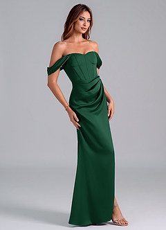 Azazie Asha Bridesmaid Dresses Dark Green Sheath Off the Shoulder Stretch Satin Convertible Dress image3