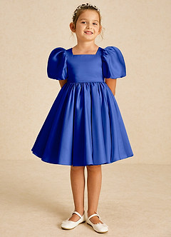 Azazie Muffin vestidos de niña de las flores Vestido de Azul Real de Satin Mate de Corte En A con Con mangas image2