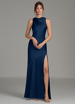 Azazie Kiara Vestidos de damas de honor Vestido de Azul Marino Oscuro de Satén Elástico de Corte Sirena con Plisado image1