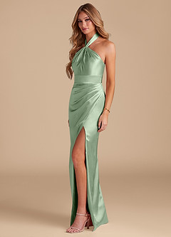 Azazie Zaya Bridesmaid Dresses Matcha Sheath Pleated Metallic Satin Dress image4