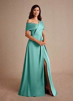 Azazie Milton Mother of the Bride Dresses Aqua A-Line Pleated Stretch Satin Dress image6