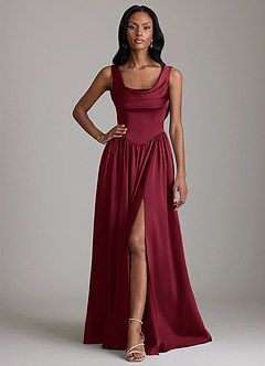 Azazie Novi Robes de demoiselle d'honneur Robe Trapèze en Satin extensible Avec poches Bourgogne image1