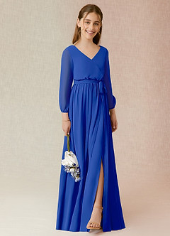 Azazie Angelica Junior Abito A-Line in Chiffon Plissettato Blu Reale image4