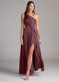 Azazie Brooke Bridesmaid Dresses Sangria A-Line One Shoulder Stretch Satin Dress image3