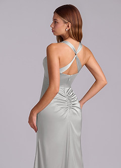 Azazie Amelie Bridesmaid Dresses Silver A-Line Pleated Stretch Satin Dress image2