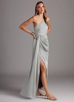 Azazie Mika Bridesmaid Dresses Silver Sheath One Shoulder Stretch Satin Dress image4
