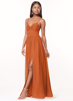 Azazie Zeya Bridesmaid Dresses Cinnamon A-Line V-Neck Pleated Chiffon Dress image4