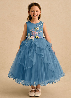 Azazie Savannah Flower Girl Dresses Steel Blue Ball-Gown Lace Tulle Dress image3