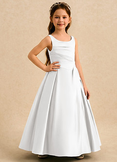 Azazie Audrey Flower Girl Dresses White A-Line Pleated Matte Satin Dress image4