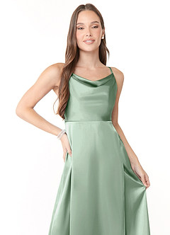 Azazie Naomie Bridesmaid Dresses Agave A-Line Cowl Neckline Side Slit Stretch Satin Dress image5