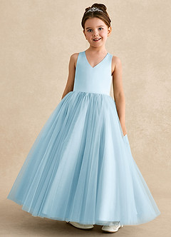 Azazie Peanut Blumenmädchenkleider A-Linie Riemen Tüll Kleid Himmelblau image4