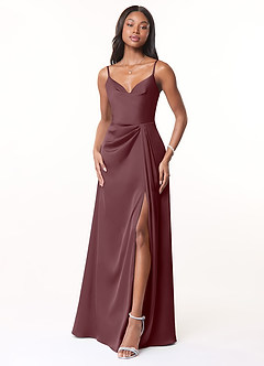 Azazie Brielle Bridesmaid Dresses Sangria A-Line Cowl Spaghetti Straps Stretch Satin Dress image1