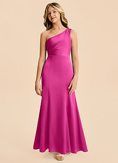 Azazie Ren Junior Fuchsia A-Line Pleated Stretch Satin Dress image5