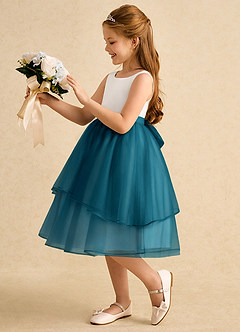 Azazie Rene Flower Girl Dresses Ivory Ink Blue A-Line Bow Tulle Dress image5