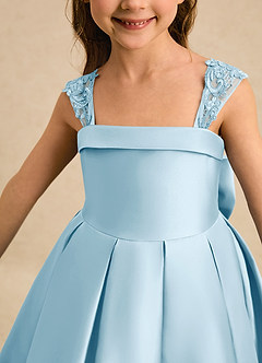 Azazie Genie Flower Girl Dresses Sky Blue Ball-Gown Off the Shoulder Matte Satin Dress image4