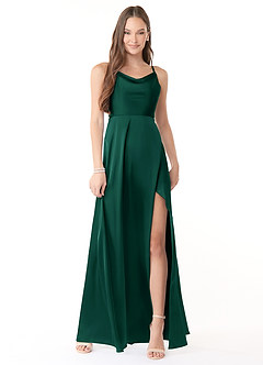 Azazie Naomie Vestidos de damas de honor Vestido de Esmeralda de Satén Elástico de Corte en A con Cuello V con abertura lateral image1