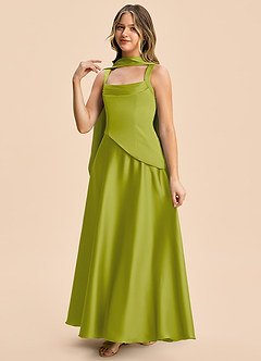 Azazie Carmyn Junior Vestido Hierba De Limón de Satén Elástico de Corte en A con Plisado image6