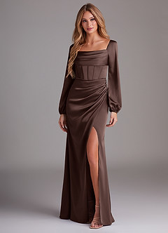 Azazie Charissa Bridesmaid Dresses Ganache Sheath Long Sleeve Stretch Satin Dress image4