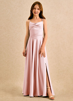 Azazie Coconut Girls Formal Blumenmädchenkleider A-Linie Plissee Stretch-Satin Kleid Zartrosa image1