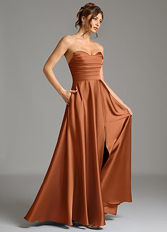 Azazie Ayla Vestidos de damas de honor Vestido de Cobre de Satén Elástico de Corte en A con Corsé image6