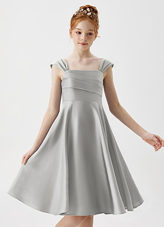 Azazie Amira Junior A-Linie Plissee Stretch-Satin Kleid Silber image3