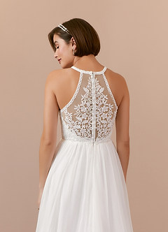 Azazie Annalise Wedding Dresses Diamond White Nude A-Line Lace Crinkle Chiffon Dress image6