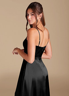 Azazie Halsey At-home Try On Dresses Black A-Line Side Slit Metallic Satin Dress image2