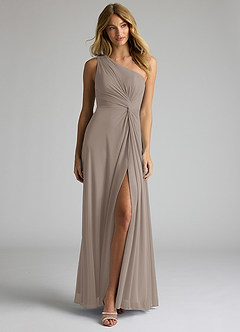 Azazie Brooke Robes de demoiselle d'honneur Robe Trapèze en Maille Ue épaule Taupe image4