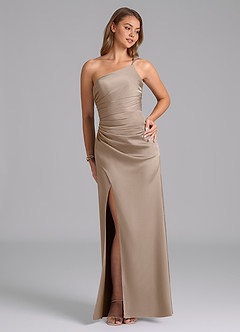 Azazie Eren Bridesmaid Dresses Taupe Mermaid One Shoulder Stretch Satin Dress image4