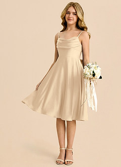 Azazie Bear Junior Robe Trapèze en Satin extensible Encolure en Forme de Cœur Champagne image4