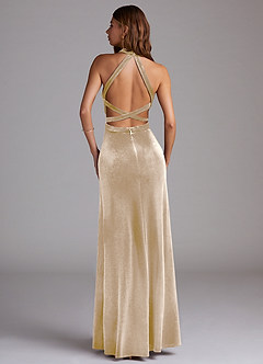 Azazie Clarice Bridesmaid Dresses Champagne A-Line Side Slit Velvet Dress image2