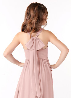 Azazie Jaylah Junior Powder Pink A-Line Ruched Chiffon Dress image3