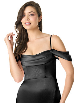 Azazie Liv Vestidos de damas de honor Vestido de Negro de Satén Metálico de Corte Recto Convertible con Vestidos sin tirantes image6