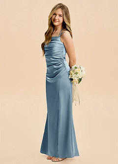 Azazie Nova Junior Dusty Blue A-Line Pleated Stretch Satin Dress image1