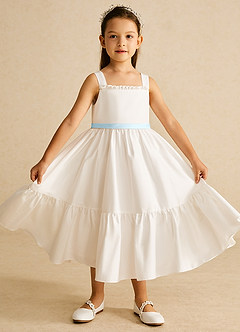Azazie Ettie vestidos de niña de las flores Vestido de Marfil Azul Cielo de Algodón de Corte En A con Lazo image1