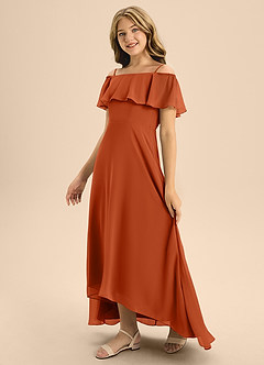 Azazie Maggie Junior A-Linie Schulterfrei Chiffon Kleid Gebranntes Orange image4